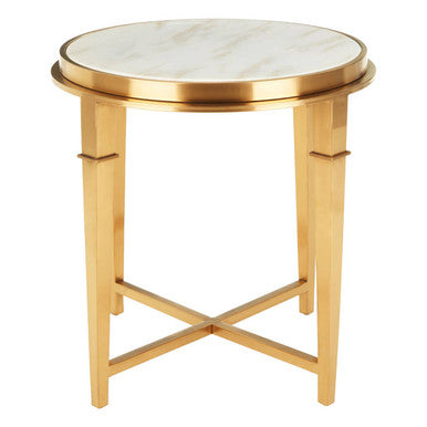 Alvaro White Marble and Gold Finish Round Side Table