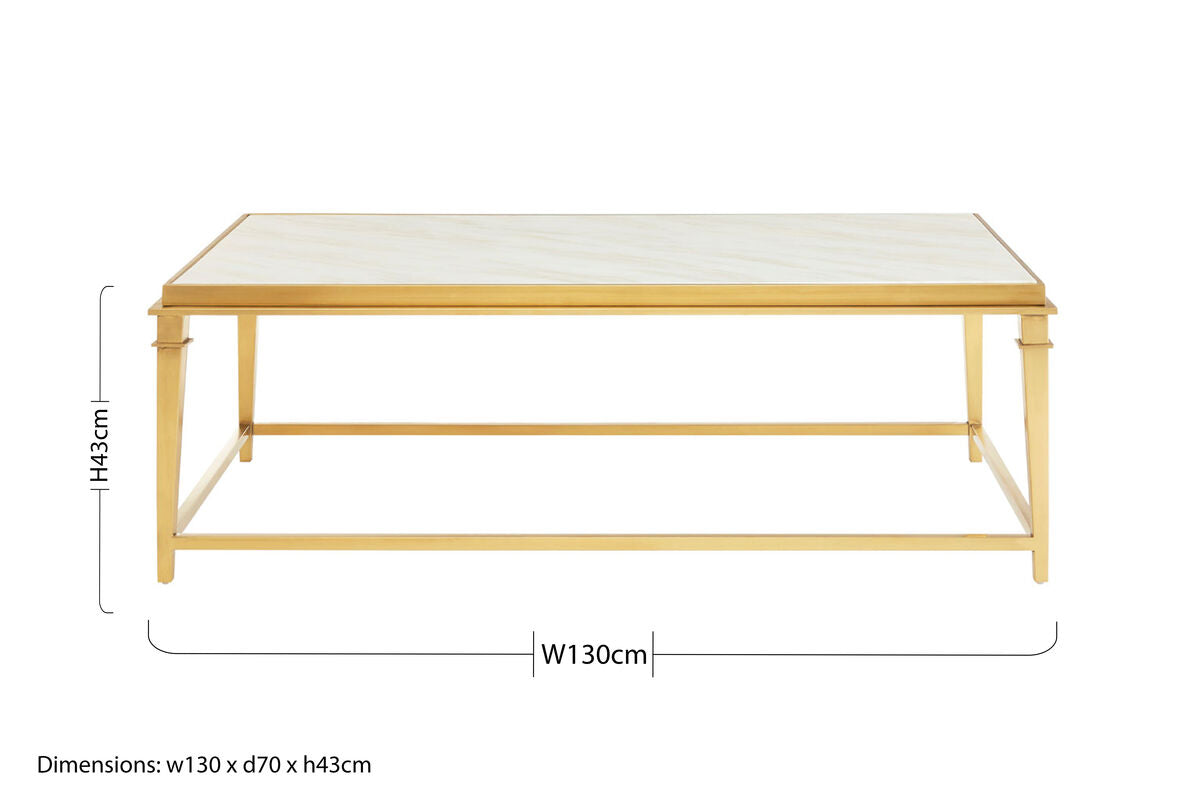 Rectangular White Marble Coffee Table with Warm Gold Stainless Steel Frame, Alvaro