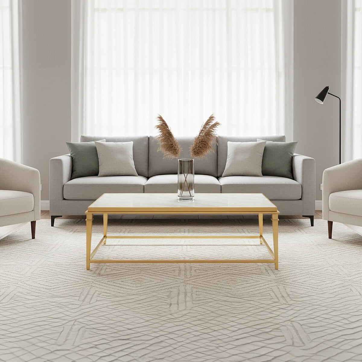 Rectangular White Marble Coffee Table with Warm Gold Stainless Steel Frame, Alvaro