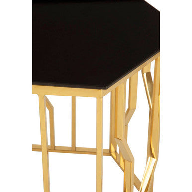Gold Tone Stainless Steel Hexagonal Side Table with Black Glass Top, Alvaro