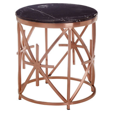 Rose Gold Finish Stainless Steel Frame Side Table with Black Marble Top, Alvaro