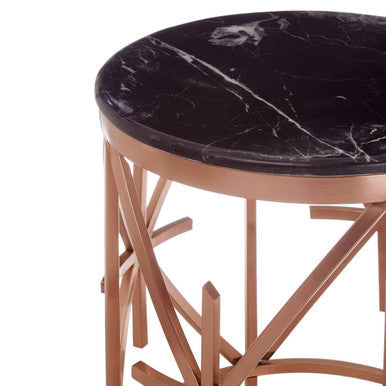 Rose Gold Finish Stainless Steel Frame Side Table with Black Marble Top, Alvaro
