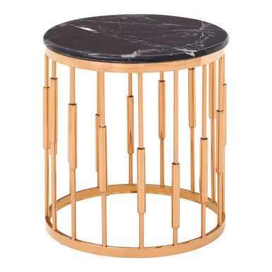 Round Rose Gold Copper Finish Frame Side Table with Black Marble Top, Alvaro