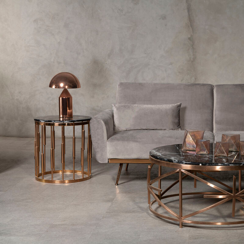 Round Rose Gold Copper Finish Frame Side Table with Black Marble Top, Alvaro