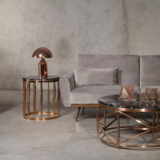 Round Rose Gold Copper Finish Frame Side Table with Black Marble Top, Alvaro
