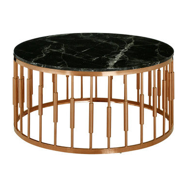 Pipe Detail Rose Gold Metal Frame Coffee Table with Black Marble Top, Alvaro