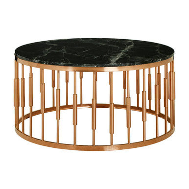 Pipe Detail Rose Gold Metal Frame Coffee Table with Black Marble Top, Alvaro