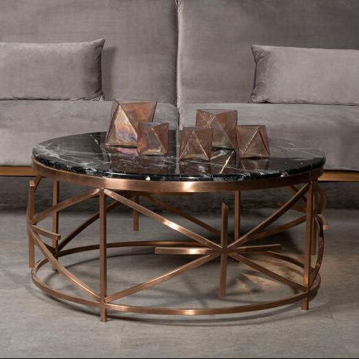 Pipe Detail Rose Gold Metal Frame Coffee Table with Black Marble Top, Alvaro