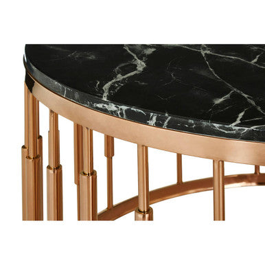Pipe Detail Rose Gold Metal Frame Coffee Table with Black Marble Top, Alvaro