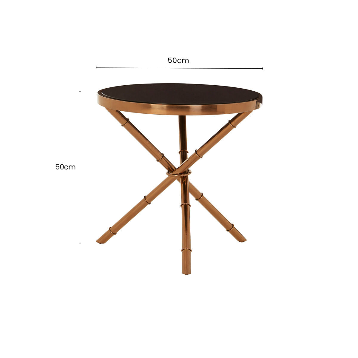 Alvaro Black Glass Round Side Table with Rose Gold Finish Frame