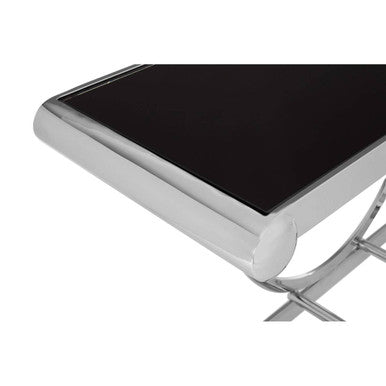 Black Tempered Glass Top Console Table with Polished Stainless Steel Frame, Novara