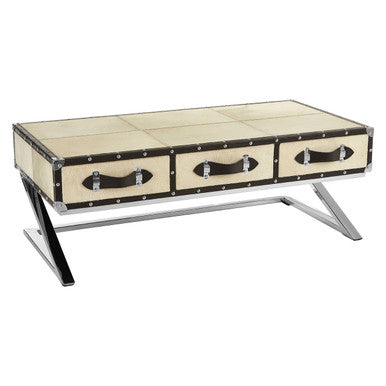 Mango Wood Three-Drawer Coffee Table with Leather Handles Black Trim and Stud Detailing, Kensington Townhouse
