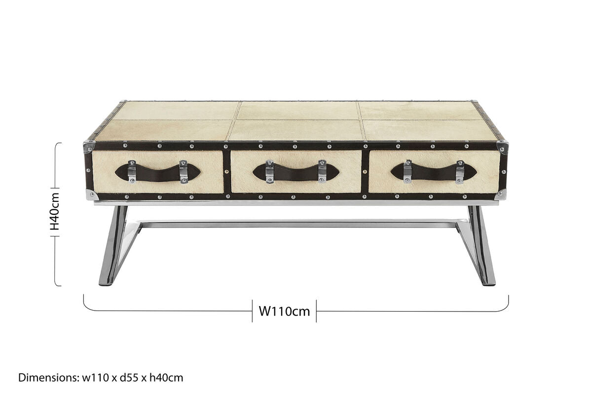 Mango Wood Three-Drawer Coffee Table with Leather Handles Black Trim and Stud Detailing, Kensington Townhouse