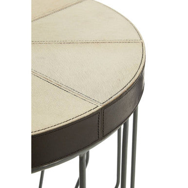 Tall Iron Side Table with Genuine Leather and Mango Wood Top, Kensington Townhouse