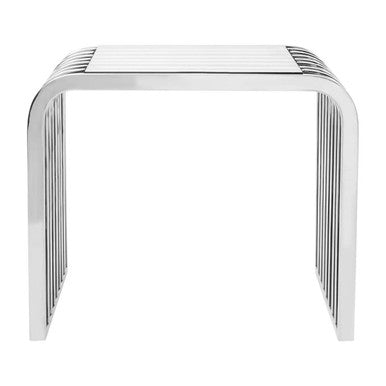 Silver Polished Stainless Steel Slatted End Table with Curved Shoulders and Clear Tempered Glass Top, Vogue
