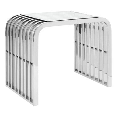 Silver Polished Stainless Steel Slatted End Table with Curved Shoulders and Clear Tempered Glass Top, Vogue