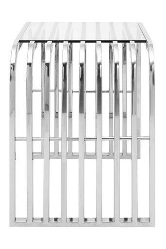 Silver Polished Stainless Steel Slatted End Table with Curved Shoulders and Clear Tempered Glass Top, Vogue