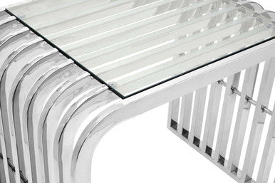 Silver Polished Stainless Steel Slatted End Table with Curved Shoulders and Clear Tempered Glass Top, Vogue