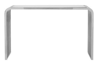 Silver Polished Stainless Steel Slatted Console Table with Curved Shoulders and Clear Tempered Glass Top, Vogue