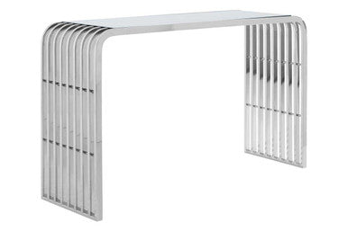 Silver Polished Stainless Steel Slatted Console Table with Curved Shoulders and Clear Tempered Glass Top, Vogue