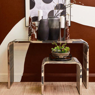 Silver Polished Stainless Steel Slatted Console Table with Curved Shoulders and Clear Tempered Glass Top, Vogue