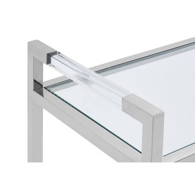 Silver Stainless Steel Base and Tempered Glass Console Table with Two Display Tiers, Vogue