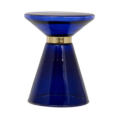 Blue Glass Hourglass Side Table with Gold Finish Steel Ring, Martini