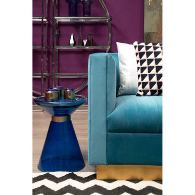 Blue Glass Hourglass Side Table with Gold Finish Steel Ring, Martini