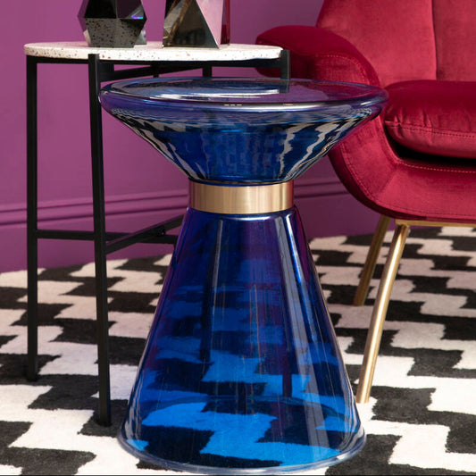 Blue Glass Hourglass Side Table with Gold Finish Steel Ring, Martini