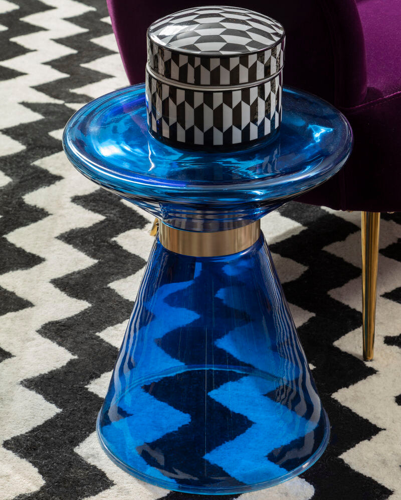 Blue Glass Hourglass Side Table with Gold Finish Steel Ring, Martini