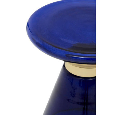 Blue Glass Hourglass Side Table with Gold Finish Steel Ring, Martini