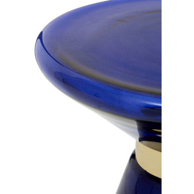 Blue Glass Hourglass Side Table with Gold Finish Steel Ring, Martini