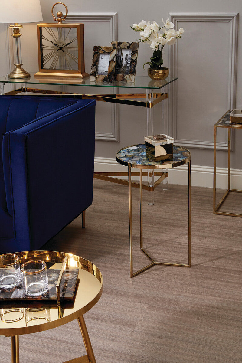 Round Blue Agate Stone Top Side Table with Rich Gold Steel Base, Vita