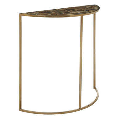 Black Agate Top Half Moon Console Table in Gold Coloured Steel Frame, Vita