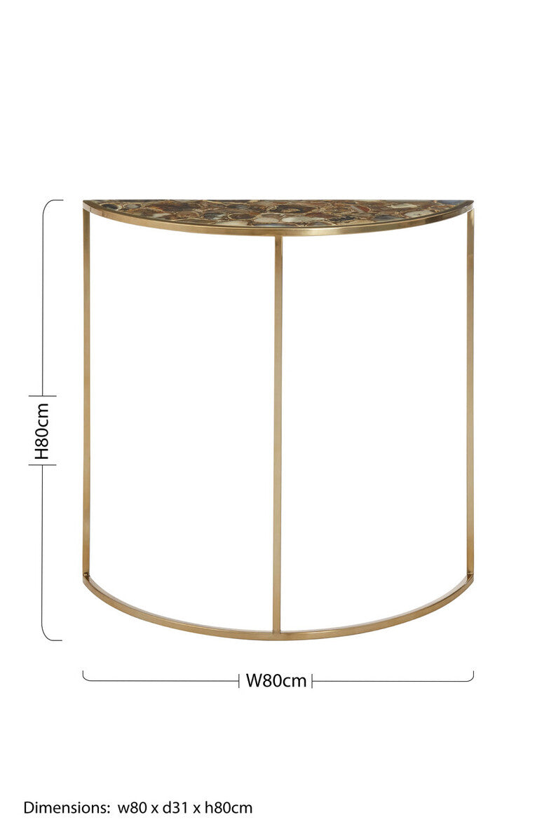 Black Agate Top Half Moon Console Table in Gold Coloured Steel Frame, Vita