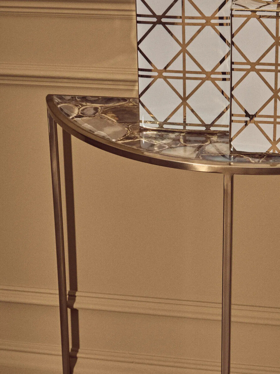 Vita Black Agate Half Moon Console Table with Gold Finish Frame