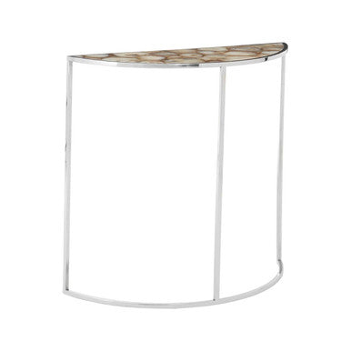 Half Moon Console Table with White Agate Stone Top and Silver Steel Frame, Vita