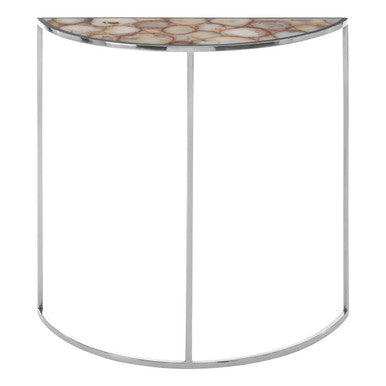 Half Moon Console Table with White Agate Stone Top and Silver Steel Frame, Vita