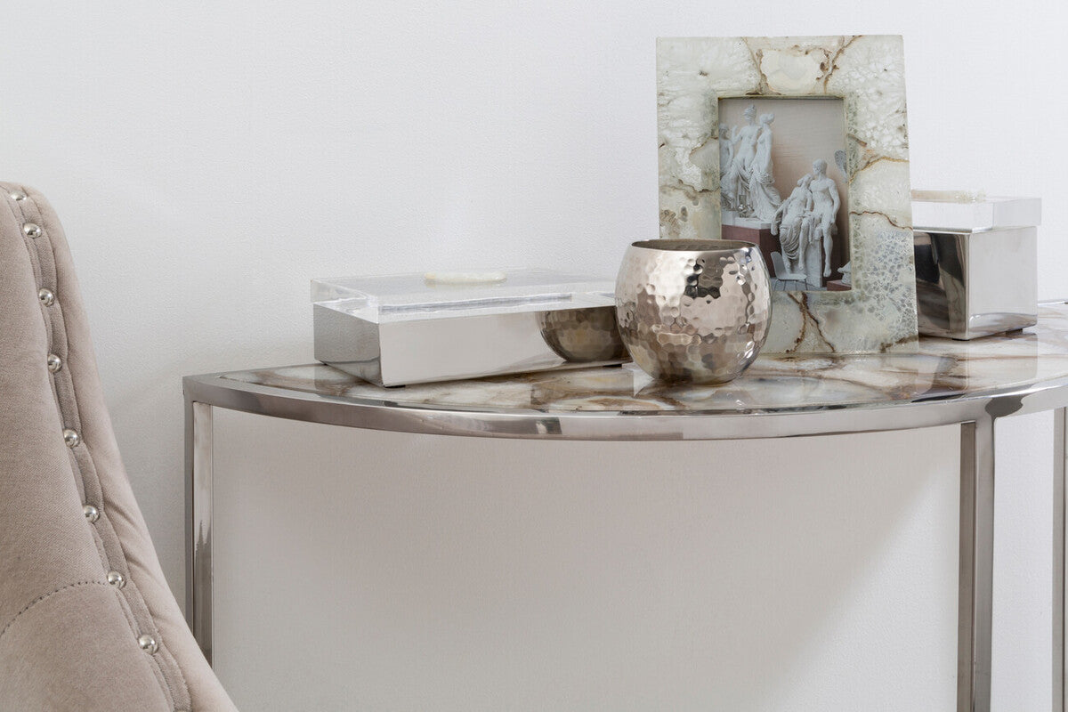Half Moon Console Table with White Agate Stone Top and Silver Steel Frame, Vita
