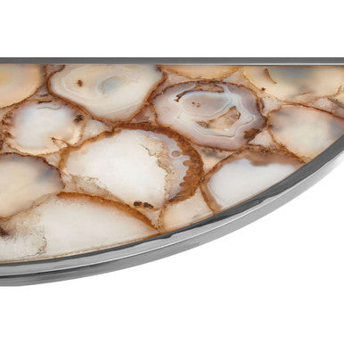 Half Moon Console Table with White Agate Stone Top and Silver Steel Frame, Vita
