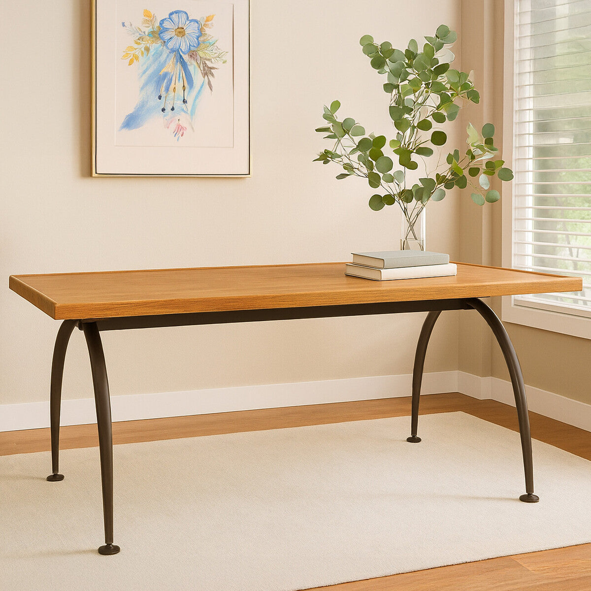 Natural Elm Wood Top Dining Table with Metal Frame, New Foundry