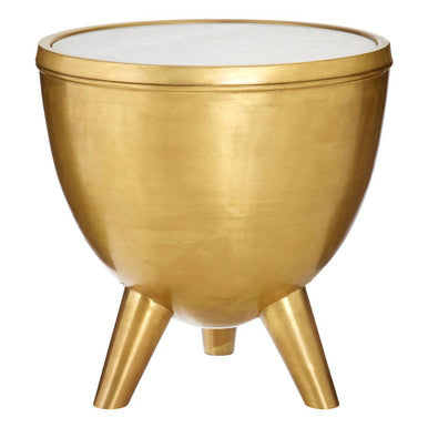 Gold Metallic Finish Side Table with Natural White Marble Top and Tapered Legs | Crest