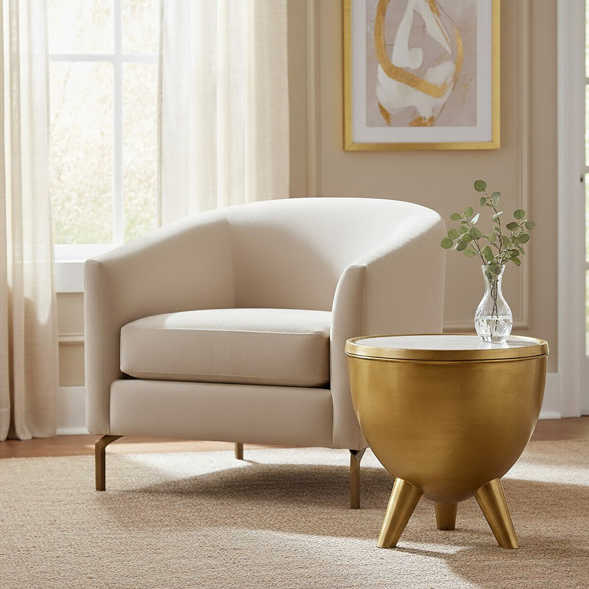 Gold Metallic Finish Side Table with Natural White Marble Top and Tapered Legs, Crest