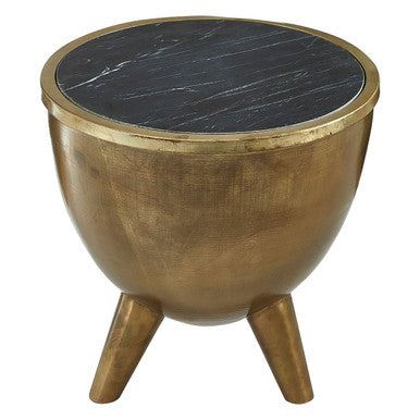 Crest Brass Bowl Shaped Side Table with Black Marble