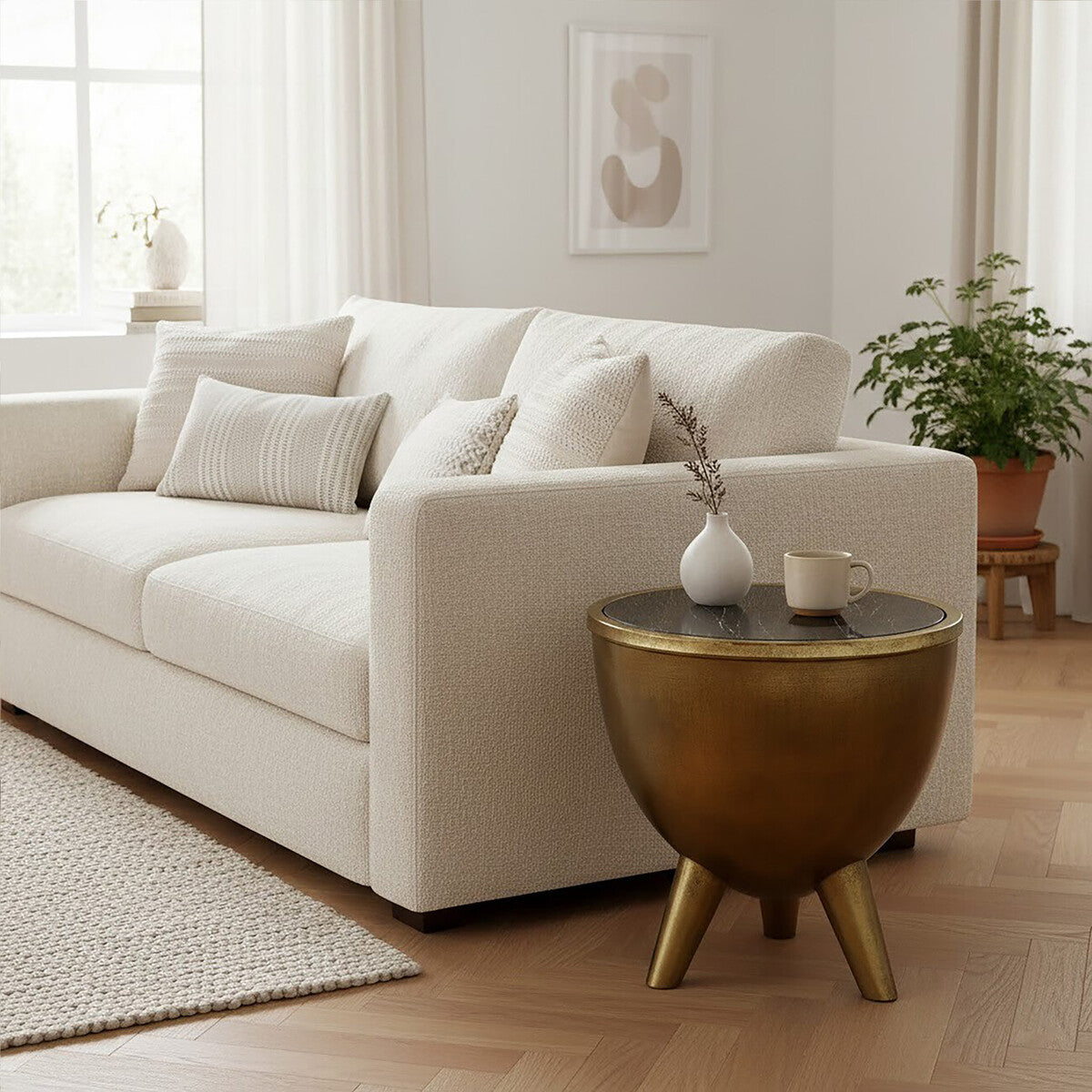 Crest Brass Bowl Shaped Side Table with Black Marble