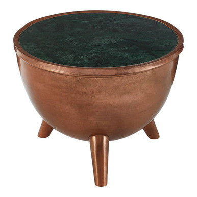 Copper Metallic Finish Coffee Table with Natural Green Marble Top and Tapered Legs, Crest