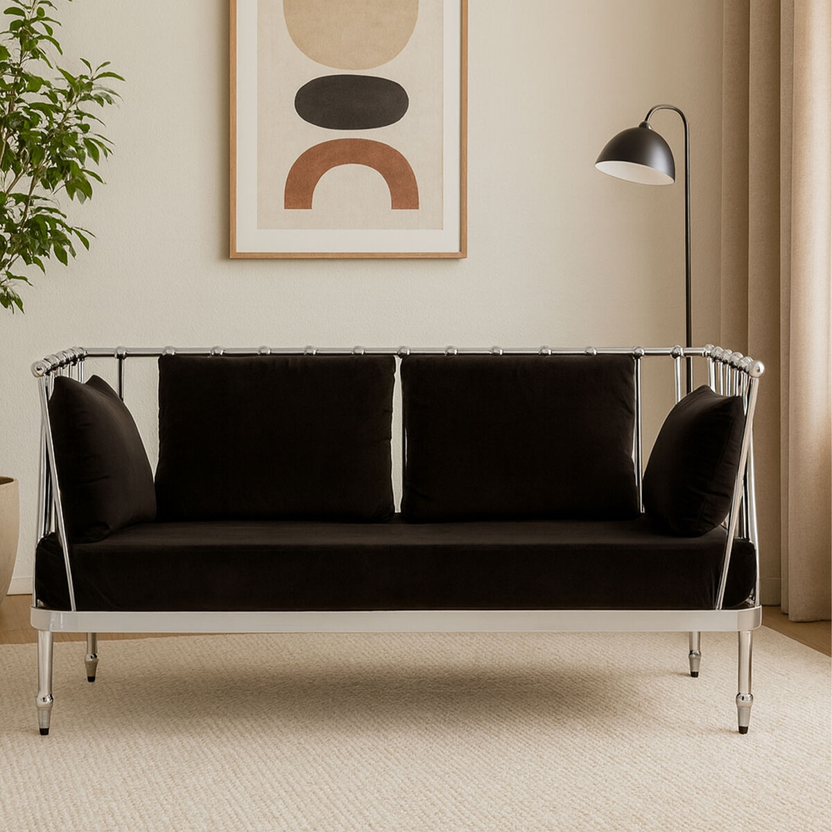 2 Seater Silver Finish Tapered Arms Sofa, Novo