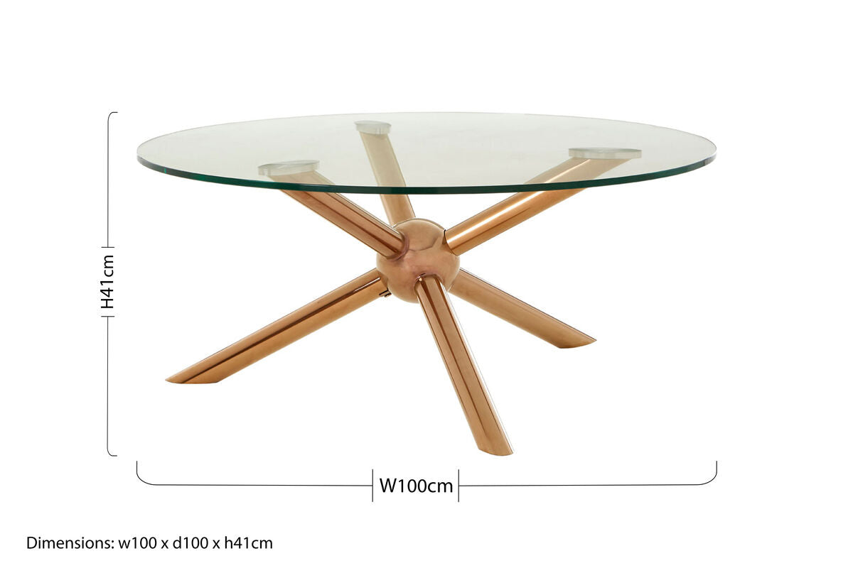 Clear Tempered Glass Top Dining Table with Rose Gold Angled Stainless Steel Legs, Novo