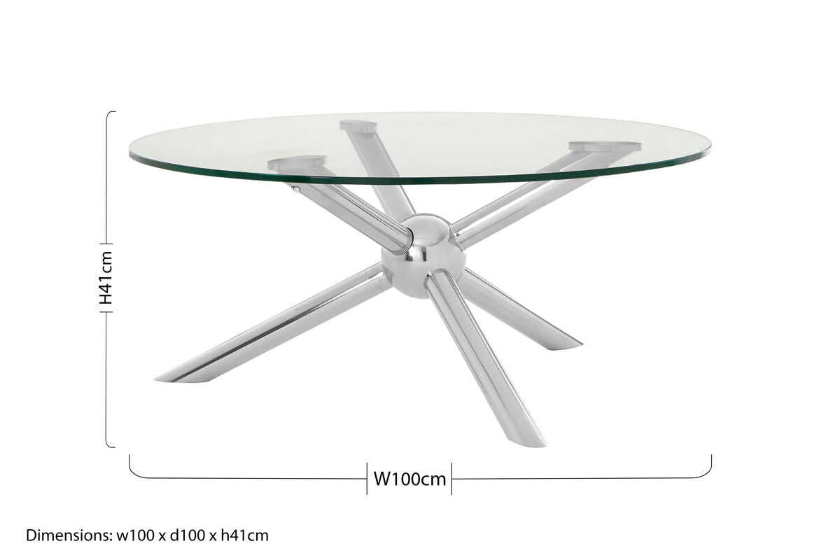 Round Clear Tempered Glass Top Coffee Table with Silver Finish Stainless Steel Base, Novo