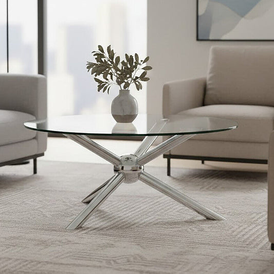 Round Clear Tempered Glass Top Coffee Table with Silver Finish Stainless Steel Base, Novo